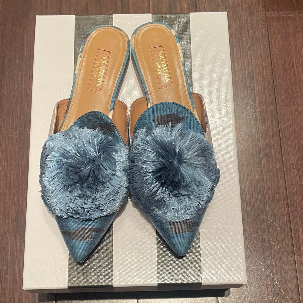 Aquazzura Denim Blue Pom-Pom Mules
